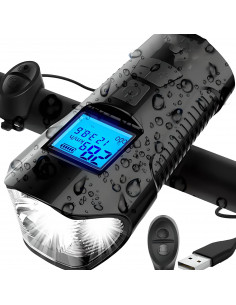 
5 viename įkraunamas dviračio žibintas su skaitikliu ir skambučiu, 1500 mAh
