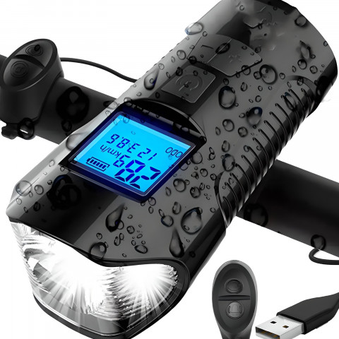 
5 viename įkraunamas dviračio žibintas su skaitikliu ir skambučiu, 1500 mAh
