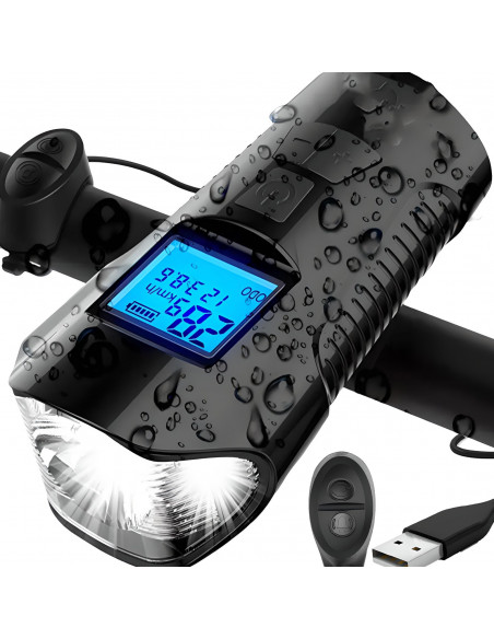 
5 viename įkraunamas dviračio žibintas su skaitikliu ir skambučiu, 1500 mAh
