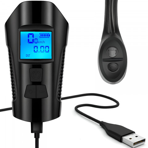 
5 viename įkraunamas dviračio žibintas su skaitikliu ir skambučiu, 1500 mAh
