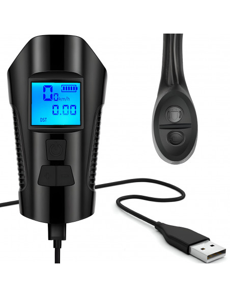 
5 viename įkraunamas dviračio žibintas su skaitikliu ir skambučiu, 1500 mAh
