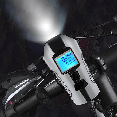 
5 viename įkraunamas dviračio žibintas su skaitikliu ir skambučiu, 1500 mAh
