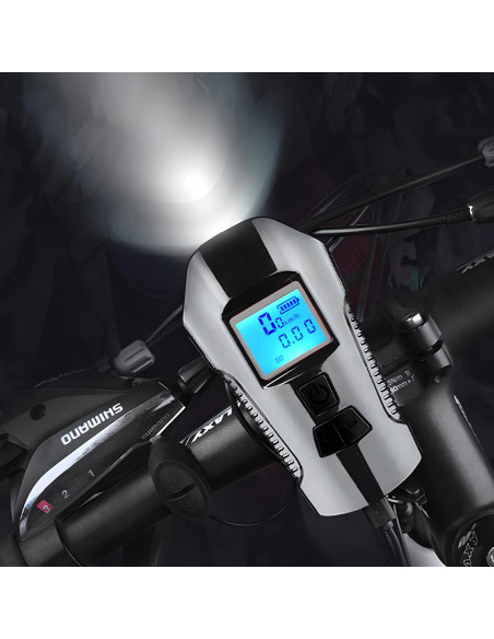 
5 viename įkraunamas dviračio žibintas su skaitikliu ir skambučiu, 1500 mAh
