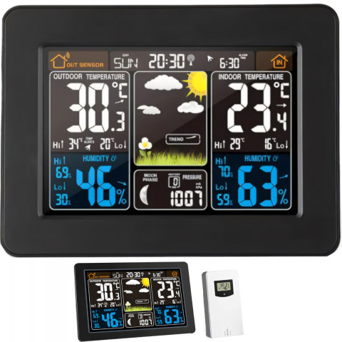 
Belaidė meteorologinė stotelė su termometru, higrometru, barometru, duomenų perdavimo funkcija, signalizacija, LCD ekra...
