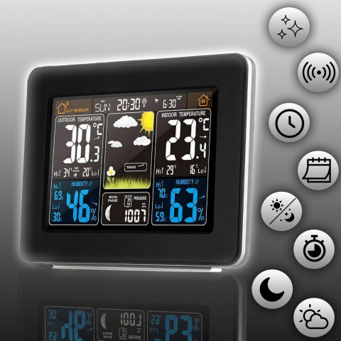 
Belaidė meteorologinė stotelė su termometru, higrometru, barometru, duomenų perdavimo funkcija, signalizacija, LCD ekra...
