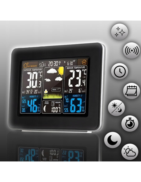 
Belaidė meteorologinė stotelė su termometru, higrometru, barometru, duomenų perdavimo funkcija, signalizacija, LCD ekra...