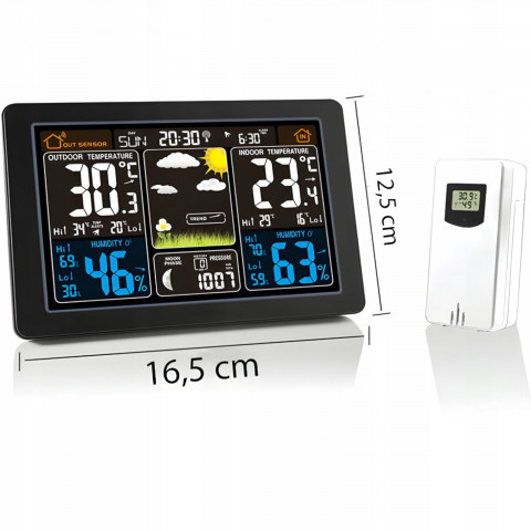 
Belaidė meteorologinė stotelė su termometru, higrometru, barometru, duomenų perdavimo funkcija, signalizacija, LCD ekra...