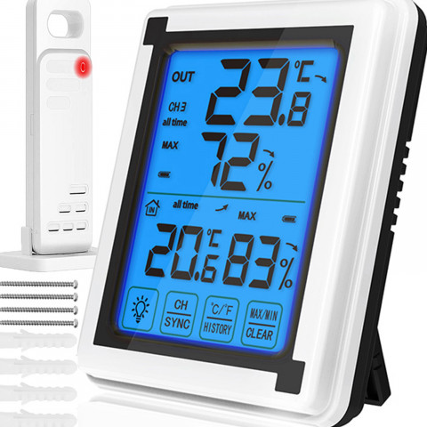 
Belaidė jutiklinio ekrano meteorologinė stotelė, termometras, higrometras, lauko jutiklis, LCD ekranas
