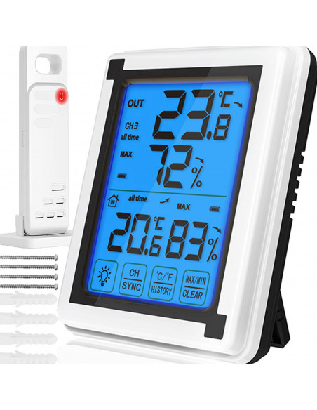 
Belaidė jutiklinio ekrano meteorologinė stotelė, termometras, higrometras, lauko jutiklis, LCD ekranas
