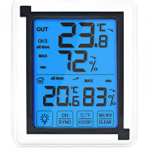 
Belaidė jutiklinio ekrano meteorologinė stotelė, termometras, higrometras, lauko jutiklis, LCD ekranas
