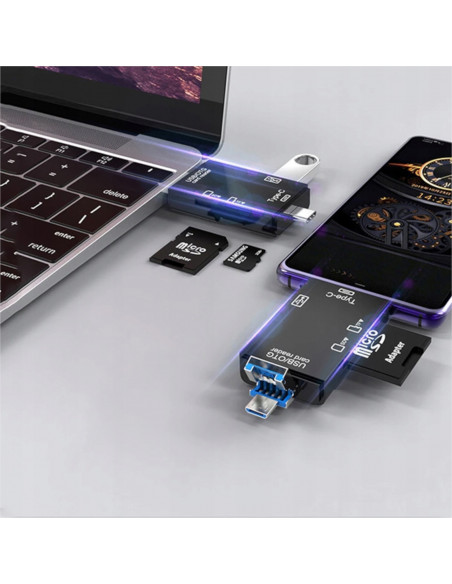 
5 viename SD TF kortelių skaitytuvas USB-A USB-C microUSB
