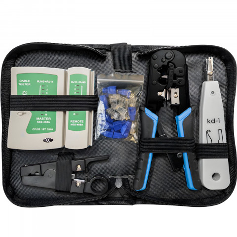 
Užspaudimo įrankis, interneto tinklo kabelio testeris, RJ45 kištukai - rinkinys
