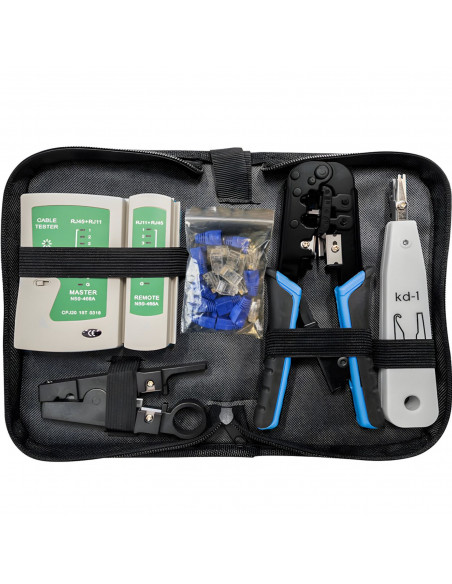 
Užspaudimo įrankis, interneto tinklo kabelio testeris, RJ45 kištukai - rinkinys
