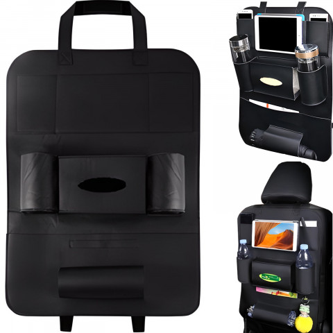 
Automobilio sėdynės apsaugos organizatorius su 7 skyriais, eko oda - juodas
