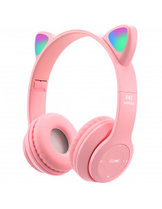 
Belaidės ausinės vaikams su FM „Bluetooth“ šviečiančiu LED SD katinu - rožinės spalvos
