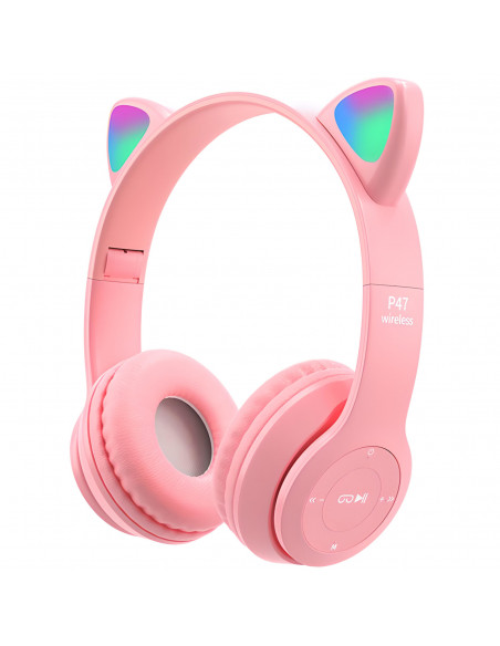 
Belaidės ausinės vaikams su FM „Bluetooth“ šviečiančiu LED SD katinu - rožinės spalvos
