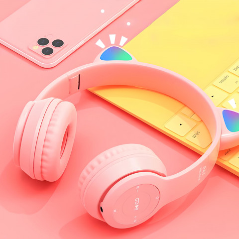 
Belaidės ausinės vaikams su FM „Bluetooth“ šviečiančiu LED SD katinu - rožinės spalvos
