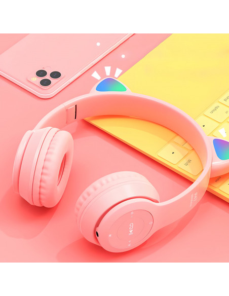 
Belaidės ausinės vaikams su FM „Bluetooth“ šviečiančiu LED SD katinu - rožinės spalvos

