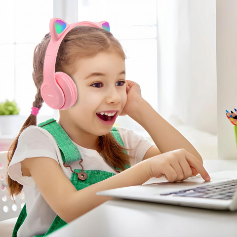 
Belaidės ausinės vaikams su FM „Bluetooth“ šviečiančiu LED SD katinu - rožinės spalvos
