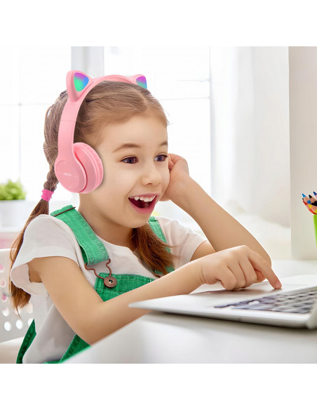 
Belaidės ausinės vaikams su FM „Bluetooth“ šviečiančiu LED SD katinu - rožinės spalvos
