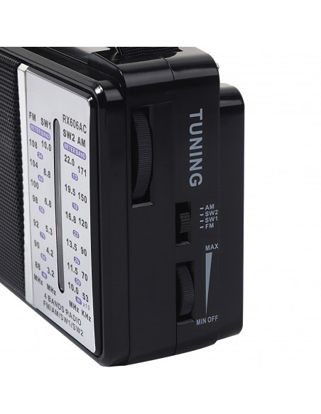 
Nešiojamasis FM radijas, maitinamas baterijomis arba elektros tinklu
