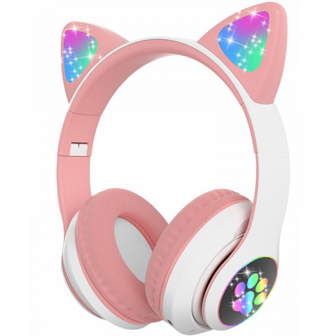 
Belaidės „Bluetooth“ ausinės vaikams, šviečiančios LED RGB SD katės - baltos ir rožinės spalvos
