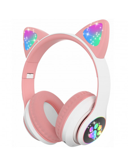
Belaidės „Bluetooth“ ausinės vaikams, šviečiančios LED RGB SD katės - baltos ir rožinės spalvos
