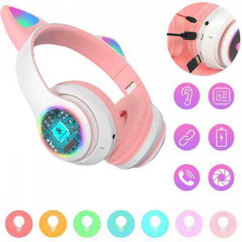 
Belaidės „Bluetooth“ ausinės vaikams, šviečiančios LED RGB SD katės - baltos ir rožinės spalvos

