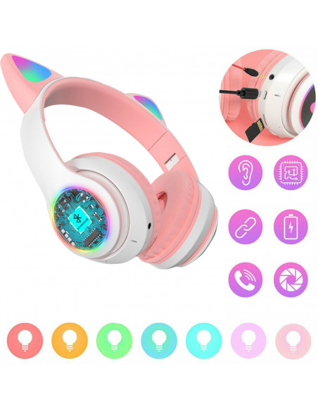 
Belaidės „Bluetooth“ ausinės vaikams, šviečiančios LED RGB SD katės - baltos ir rožinės spalvos

