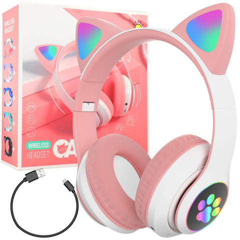 
Belaidės „Bluetooth“ ausinės vaikams, šviečiančios LED RGB SD katės - baltos ir rožinės spalvos
