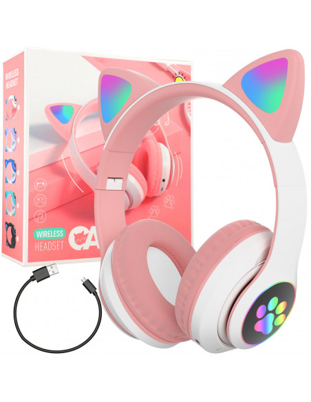 
Belaidės „Bluetooth“ ausinės vaikams, šviečiančios LED RGB SD katės - baltos ir rožinės spalvos
