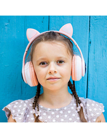 
Belaidės „Bluetooth“ ausinės vaikams, šviečiančios LED RGB SD katės - baltos ir rožinės spalvos
