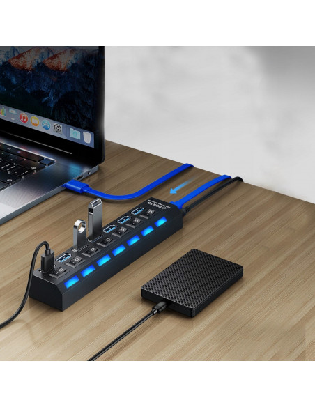 
USB-A 3.0 šakotuvas su apšviečiamais jungikliais, 7 prievadais
