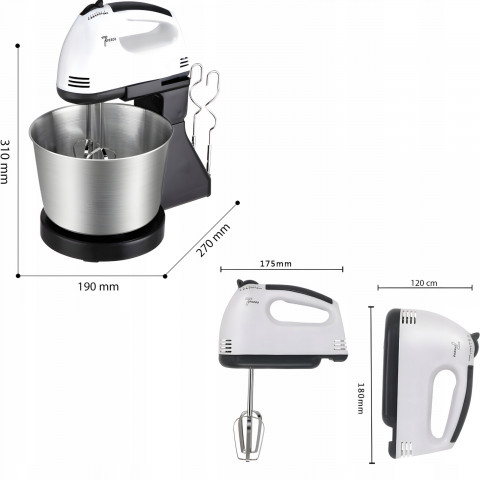 
Rankinis maišytuvas su dubeniu, 7 greičiai, 4 priedai, 450 W
