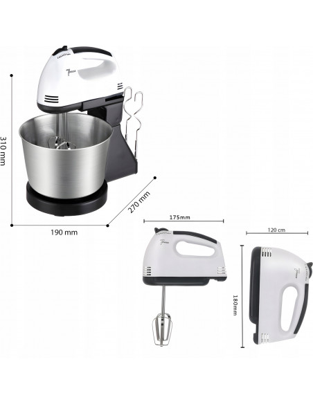 
Rankinis maišytuvas su dubeniu, 7 greičiai, 4 priedai, 450 W
