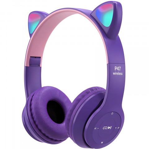 
Belaidės ausinės vaikams FM Bluetooth šviečiančios LED SD katės - violetinės
