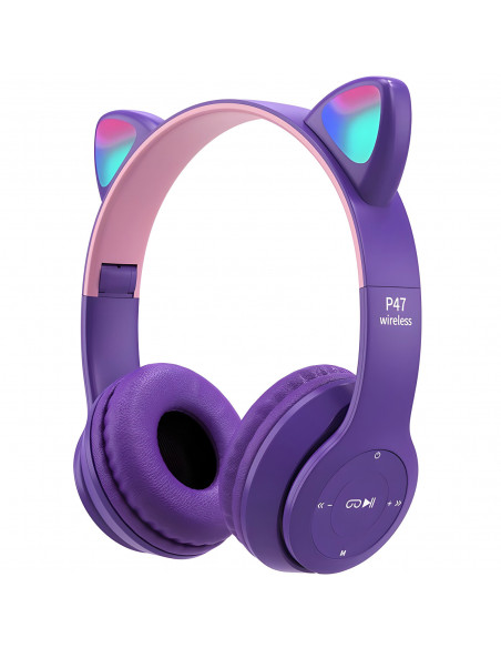
Belaidės ausinės vaikams FM Bluetooth šviečiančios LED SD katės - violetinės

