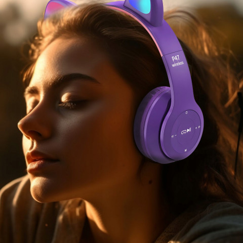 
Belaidės ausinės vaikams FM Bluetooth šviečiančios LED SD katės - violetinės

