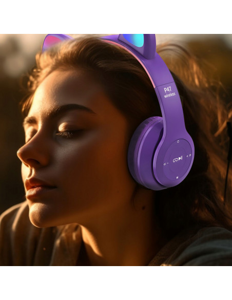 
Belaidės ausinės vaikams FM Bluetooth šviečiančios LED SD katės - violetinės
