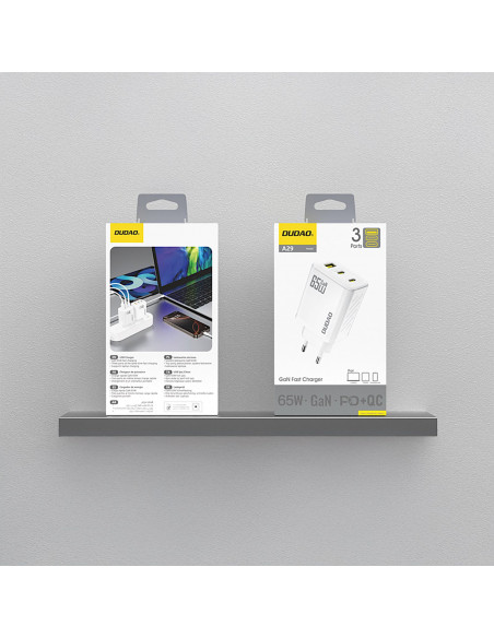 
A29 GaN USB-C USB-A 65W sieninis įkroviklis – baltas
