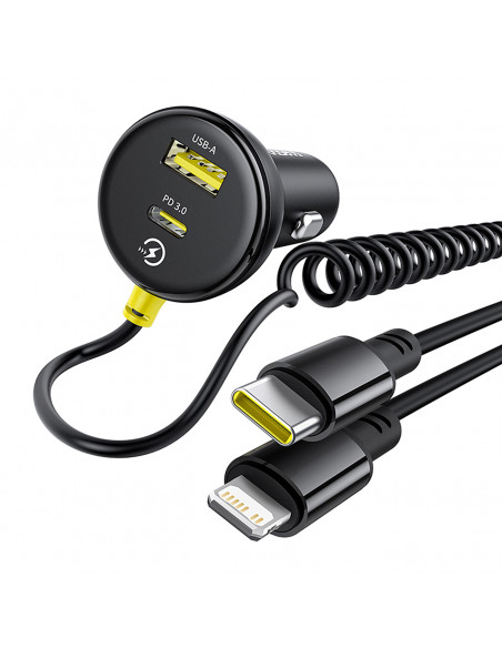 
USB-A USB-C automobilinis įkroviklis su iPhone Lightning USB-C laidu, 60 W, 1,4 m – juodas
