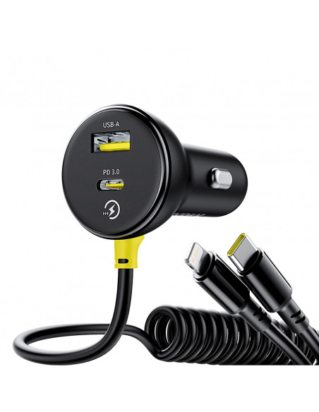 
USB-A USB-C automobilinis įkroviklis su iPhone Lightning USB-C laidu, 60 W, 1,4 m – juodas
