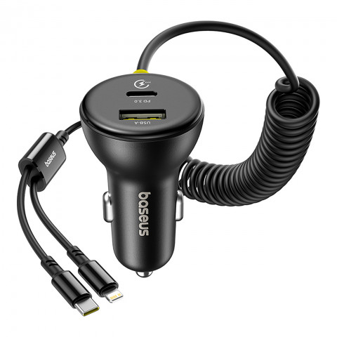 
USB-A USB-C automobilinis įkroviklis su iPhone Lightning USB-C laidu, 60 W, 1,4 m – juodas
