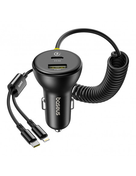 
USB-A USB-C automobilinis įkroviklis su iPhone Lightning USB-C laidu, 60 W, 1,4 m – juodas
