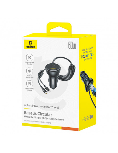 
USB-A USB-C automobilinis įkroviklis su iPhone Lightning USB-C laidu, 60 W, 1,4 m – juodas
