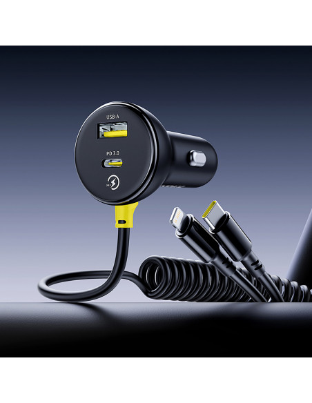 
USB-A USB-C automobilinis įkroviklis su iPhone Lightning USB-C laidu, 60 W, 1,4 m – juodas
