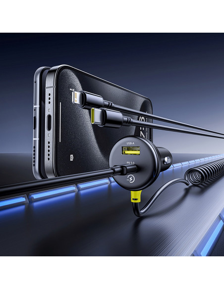 
USB-A USB-C automobilinis įkroviklis su iPhone Lightning USB-C laidu, 60 W, 1,4 m – juodas
