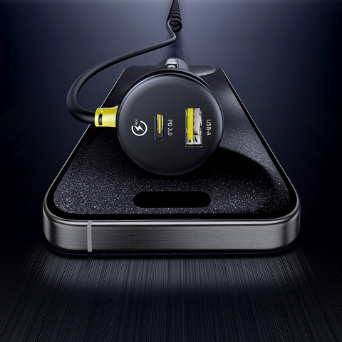 
USB-A USB-C automobilinis įkroviklis su iPhone Lightning USB-C laidu, 60 W, 1,4 m – juodas
