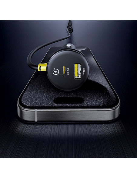 
USB-A USB-C automobilinis įkroviklis su iPhone Lightning USB-C laidu, 60 W, 1,4 m – juodas
