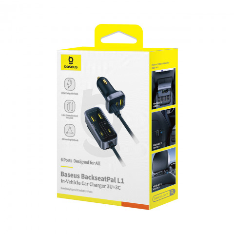 
Automobilinis įkroviklis su USB-A USB-C prailginimo laidu 110W 1,5 m - juodas
